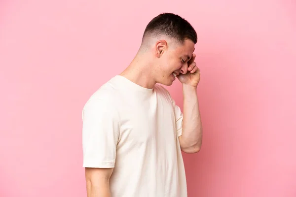Young Brazilian Man Isolated Pink Background Laughing — Stock Photo, Image