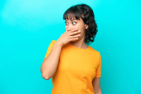 Young Argentinian Woman Isolated Blue Background Doing Surprise Gesture While — Foto Stock