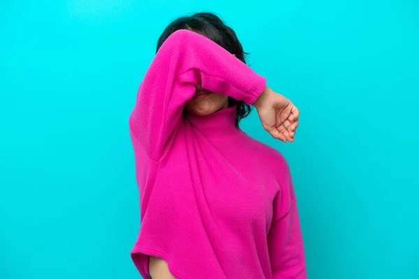 Young Argentinian Woman Isolated Blue Background Covering Eyes Hands — Stock Photo, Image