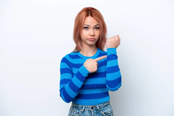 Jong Russisch Meisje Geïsoleerd Witte Achtergrond Het Maken Van Het — Stockfoto