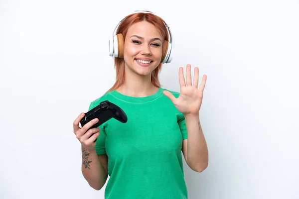 Young Russian Girl Playing Video Game Controller Isolated White Background — Stock Photo, Image