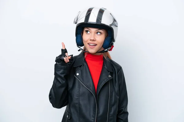 若いですロシアの女の子とともにオートバイヘルメット隔離上の白い背景考え方指アップ — ストック写真