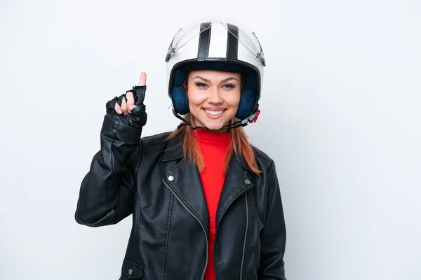 若いですロシアの女の子とともにオートバイヘルメット隔離上の白い背景指摘素晴らしいアイデア — ストック写真