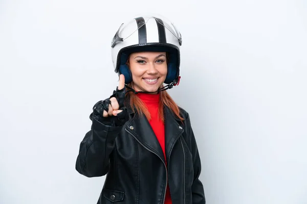 若いですロシアの女の子とともにオートバイヘルメット隔離上の白い背景ショーと持ち上げる指 — ストック写真