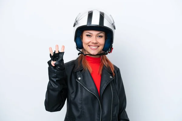 若いですロシアの女の子とともにオートバイヘルメット隔離上の白い背景幸せとカウント3とともに指 — ストック写真