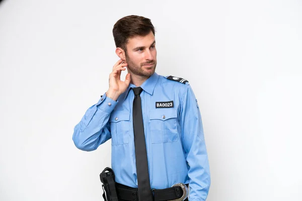 Young Police Caucasian Man Isolated White Background Thinking Idea —  Fotos de Stock