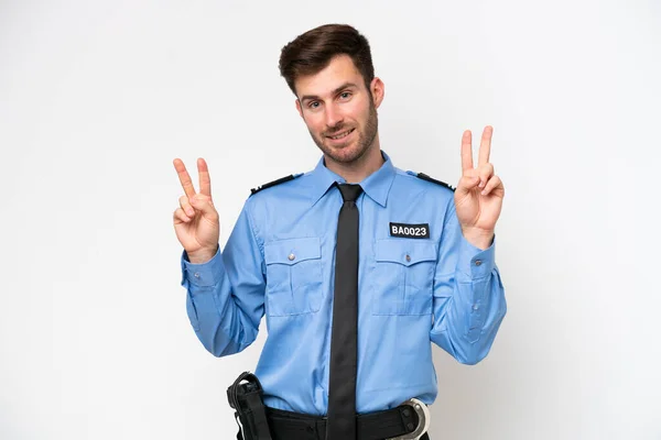 Mladý Policista Běloch Izolované Bílém Pozadí Ukazující Vítězství Znamení Oběma — Stock fotografie