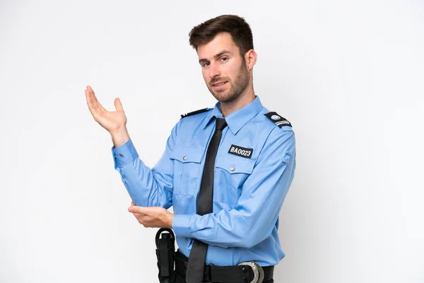 Young Police Caucasian Man Isolated White Background Extending Hands Side — Fotografia de Stock