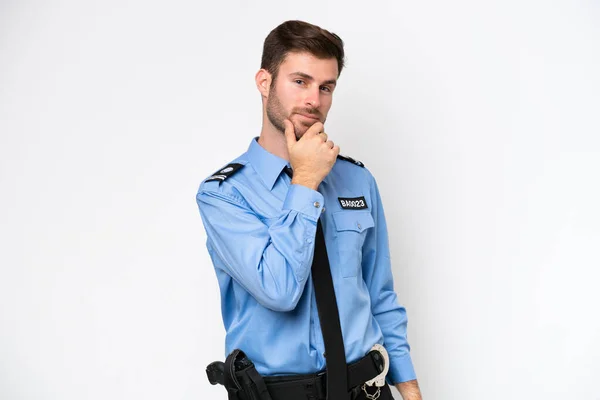 Young Police Caucasian Man Isolated White Background Smiling — Stok fotoğraf