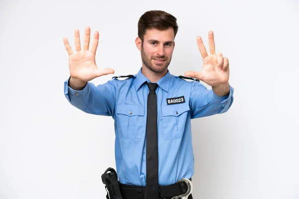 Mladý Policista Běloch Izolovaný Bílém Pozadí Počítání Osm Prsty — Stock fotografie