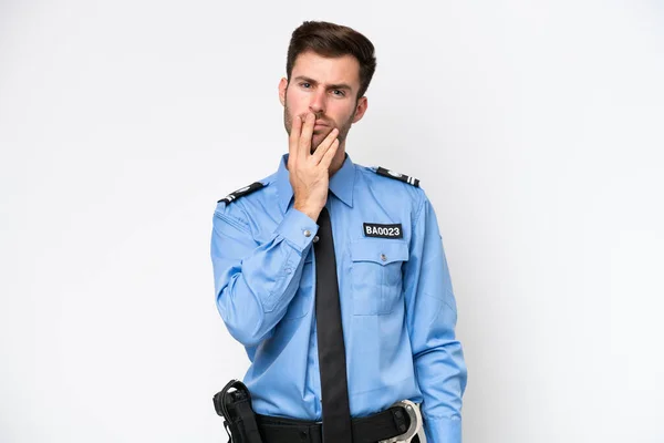 Молодий Поліцейський Білий Чоловік Ізольований Білому Тлі Здивований Шокований Дивлячись — стокове фото