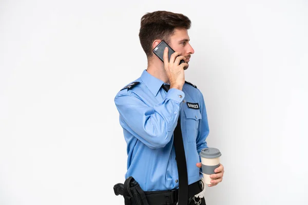 Young Police Caucasian Man Isolated White Background Holding Coffee Take — Fotografia de Stock