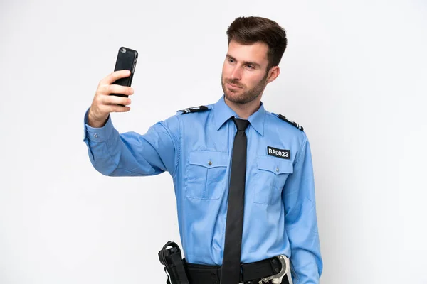 Молодий Поліцейський Білий Чоловік Ізольований Білому Тлі Робить Селфі — стокове фото