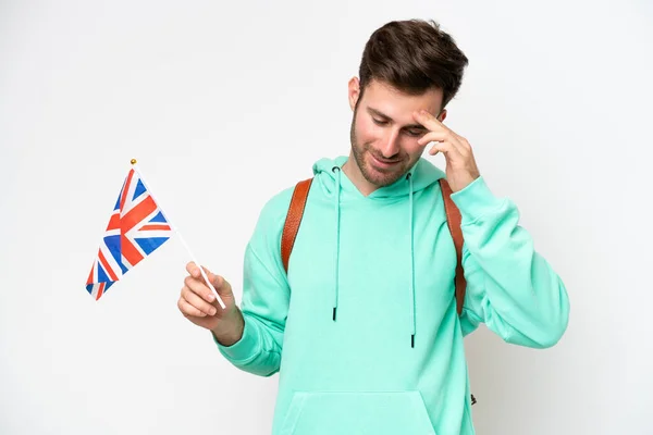 Junger Kaukasischer Student Hält Eine Britische Flagge Auf Weißem Hintergrund — Stockfoto