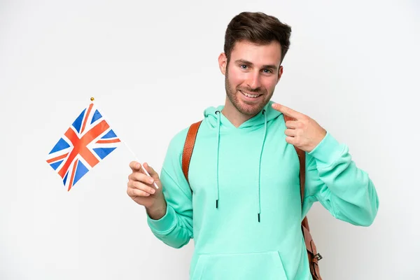 Young Student Caucasian Man Holding United Kingdom Flag Isolated White — Photo
