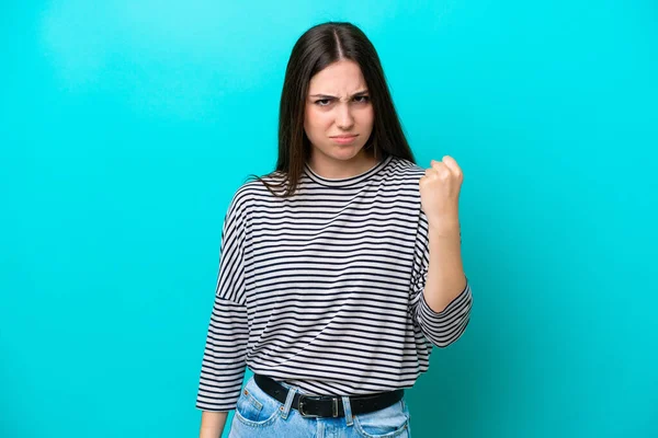 Young Caucasian Woman Isolated Blue Background Unhappy Expression — Stock Photo, Image