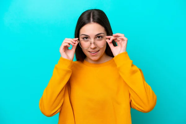 Young Girl Isolated Blue Background Glasses Happy Expression — Stockfoto