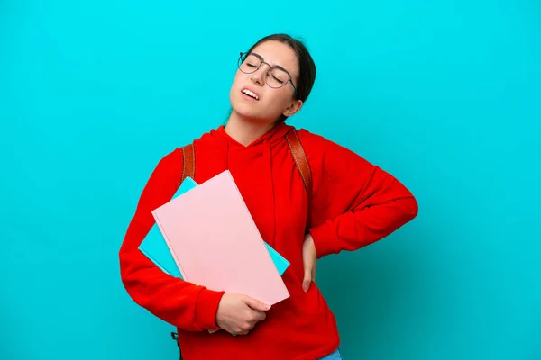 Young Student Caucasian Woman Isolated Blue Background Suffering Backache Having — Stock Photo, Image