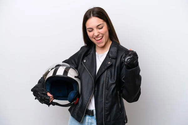 Jong Meisje Met Een Motorfiets Helm Geïsoleerd Witte Achtergrond Vieren — Stockfoto