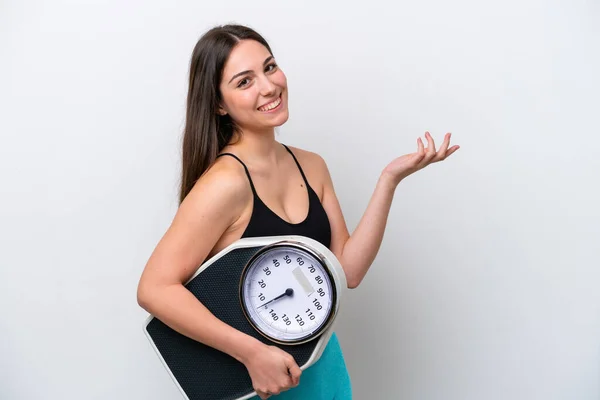 Young Girl Isolated White Background Weighing Machine — Foto Stock