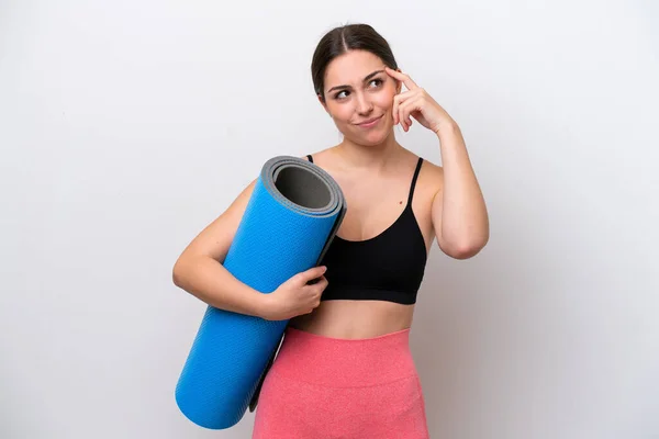 Young Sport Girl Going Yoga Classes While Holding Mat Isolated — Stock Fotó