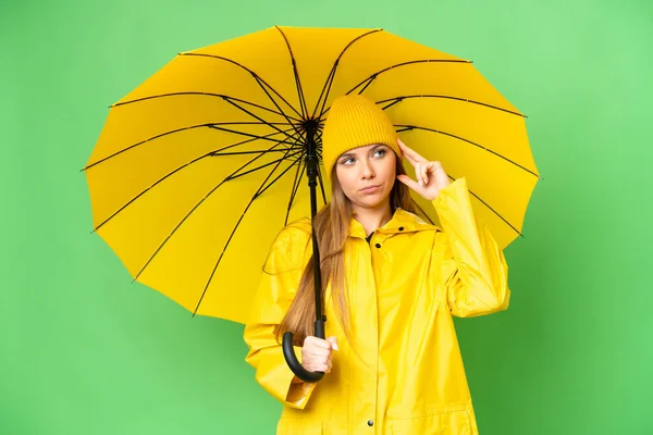 Young Blonde Woman Rainproof Coat Umbrella Isolated Chroma Key Background — Stock Photo, Image