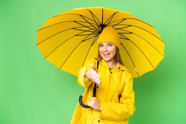 Jeune Femme Blonde Avec Manteau Imperméable Parapluie Sur Fond Isolé — Photo