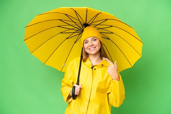 Young Blonde Woman Rainproof Coat Umbrella Isolated Chroma Key Background — Stock Photo, Image