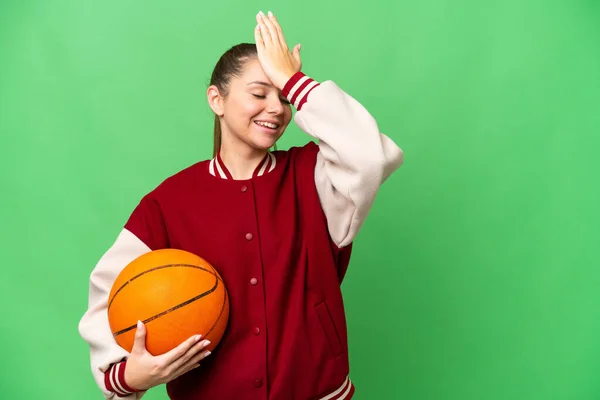 Young Blonde Woman Playing Basketball Isolated Chroma Key Background Has — Stock Photo, Image