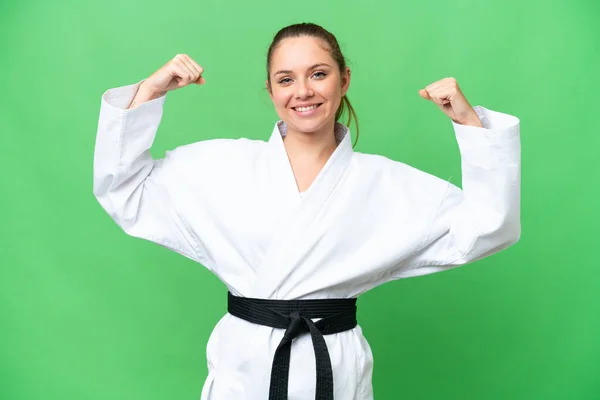Young Blonde Woman Isolated Chroma Key Background Doing Karate Making — Stock Photo, Image