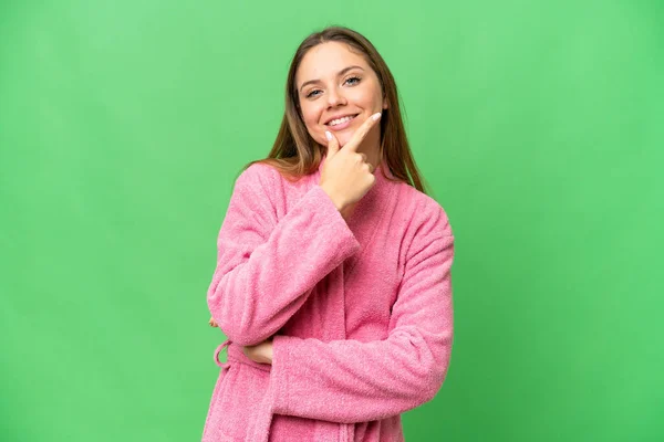 Young Woman Bathrobe Isolated Chroma Key Background Smiling — Stock Photo, Image