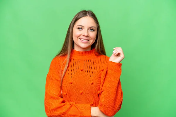Young Blonde Woman Isolated Chroma Key Background Laughing — Stock Photo, Image