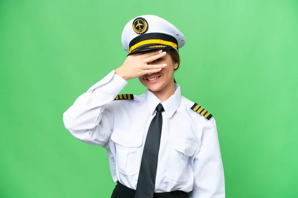 Airplane Pilot Woman Isolated Chroma Key Background Covering Eyes Hands — Stock Photo, Image