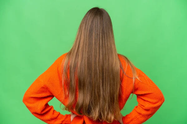 Junge Blonde Frau Über Isolierte Chroma Schlüssel Hintergrund Rückenlage — Stockfoto
