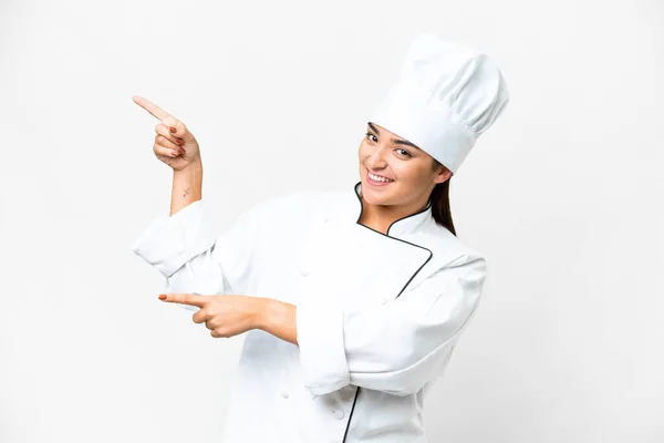 Mujer Joven Chef Sobre Fondo Blanco Aislado Señalando Dedo Hacia — Foto de Stock