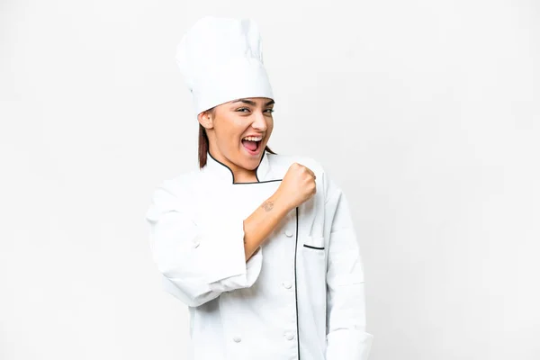 Jovem Chef Sobre Fundo Branco Isolado Celebrando Uma Vitória — Fotografia de Stock