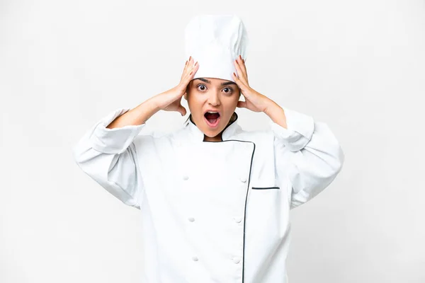 Young Woman Chef Isolated White Background Surprise Expression — Stock Photo, Image
