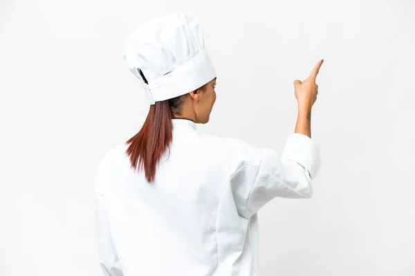 Junge Köchin Über Isoliertem Weißen Hintergrund Der Mit Dem Zeigefinger — Stockfoto