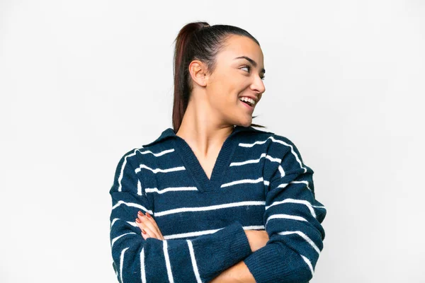 Genç Güzel Bir Kadın Soyutlanmış Beyaz Arka Plan Mutlu Gülümsüyor — Stok fotoğraf