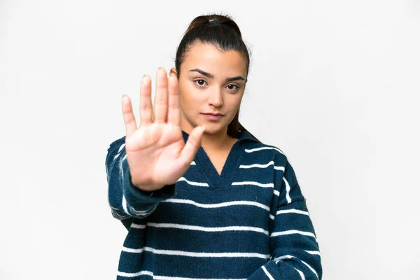 Joven Belleza Mujer Sobre Aislado Blanco Fondo Haciendo Stop Gesture — Foto de Stock
