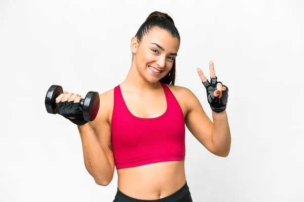 Jonge Sport Vrouw Maken Gewichtheffen Glimlachen Tonen Overwinning Teken — Stockfoto