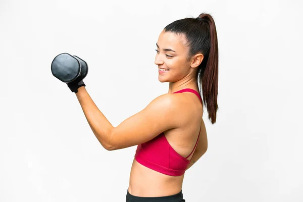Jonge Sport Vrouw Maken Gewichtheffen Met Vrolijke Uitdrukking — Stockfoto