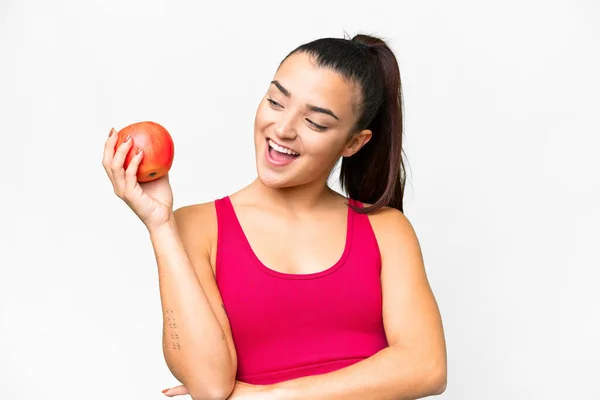 Young Beauty Woman Isolated White Background Apple Happy — Stock Photo, Image