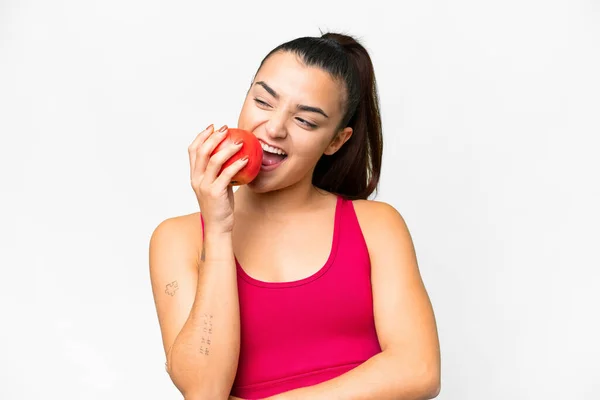 Young Beauty Woman Isolated White Background Eating Apple — Stock Photo, Image
