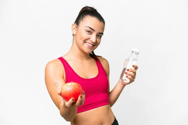 Young Beauty Woman Isolated White Background Apple Bottle Water — Stock Photo, Image