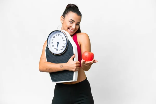 Young Beauty Woman Isolated White Background Holding Weighing Machine Offering — Stock Photo, Image