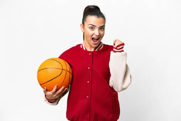 Young Woman Playing Basketball Isolated White Background Celebrating Victory Winner — Φωτογραφία Αρχείου