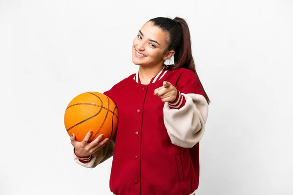 Young Woman Playing Basketball Isolated White Background Pointing Front Happy — 图库照片