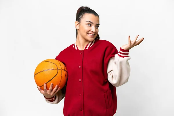 Young Woman Playing Basketball Isolated White Background Extending Hands Side — ストック写真