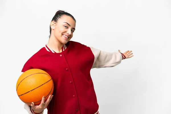 Young Woman Playing Basketball Isolated White Background Extending Hands Side — Photo